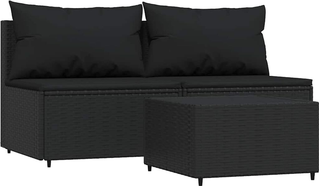 vidaXL 3-tlg. Garten-Lounge-Set mit Kissen Schwarz Poly Rattan