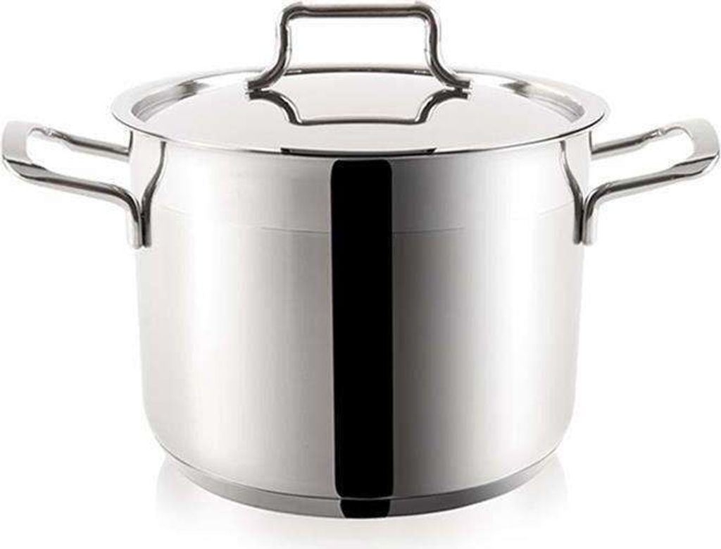 A stainless steel pot with a lid and handles, isolated on a white background.