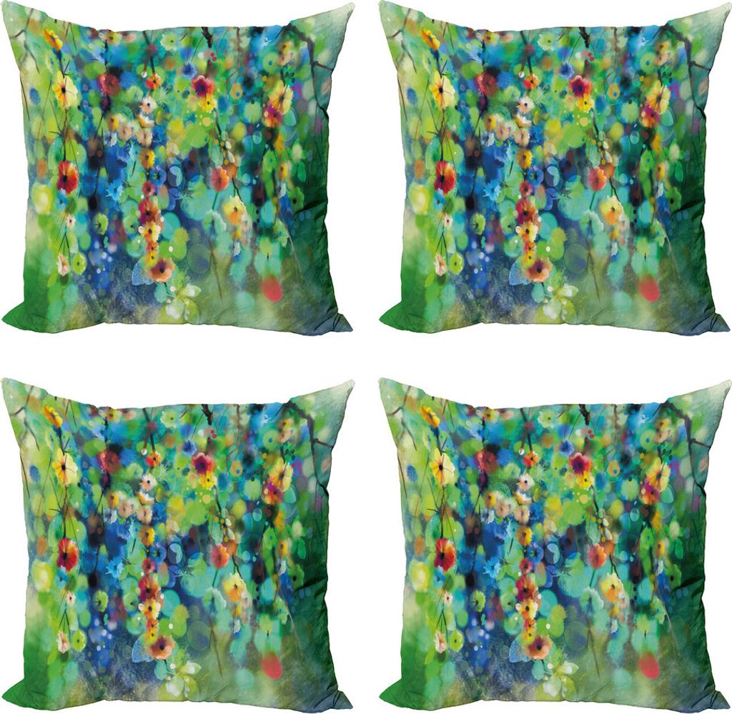 ABAKUHAUS Blume Kissenbezug Set (4 Stück), Bunte Blumen auf Baum, Moderner Doppelseitiger Digitaldruck, 40 cm x 40 cm, Grün blau