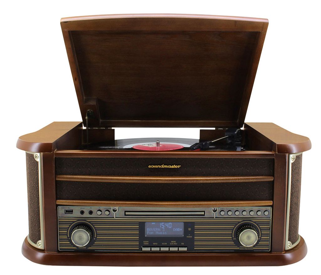 Soundmaster NR545DAB Kompakt-Anlage im Holzkoffer, mit Kassetten- & Plattenspieler, CD, UKW/DAB+ Radio, Bluetooth, USB