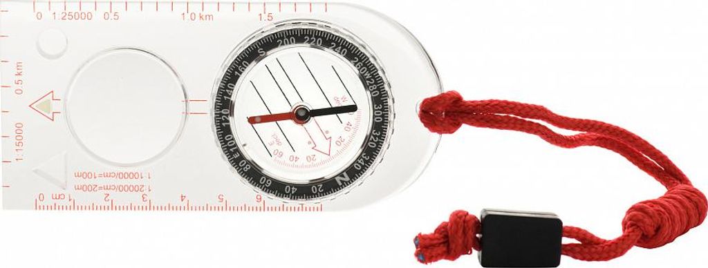 A close-up shot of a clear compass with a red cord attached.