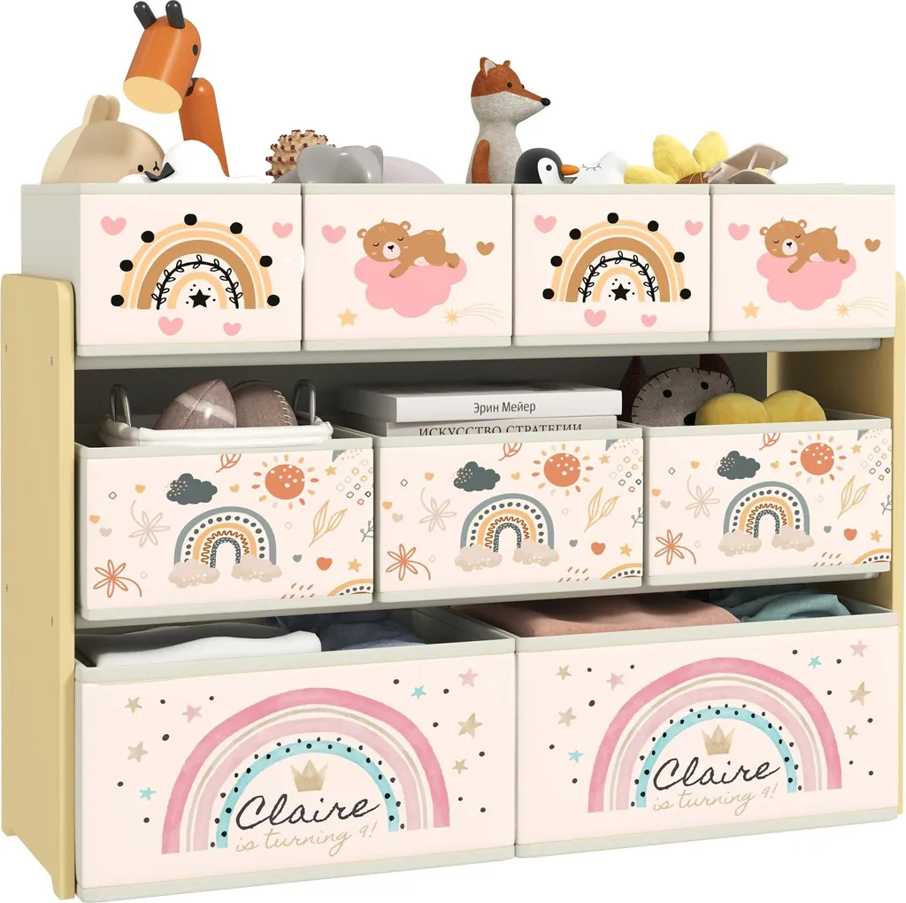 Organisateur de jeux enfant 9 bacs jaune - Rangement chambre 93x30x70 cm