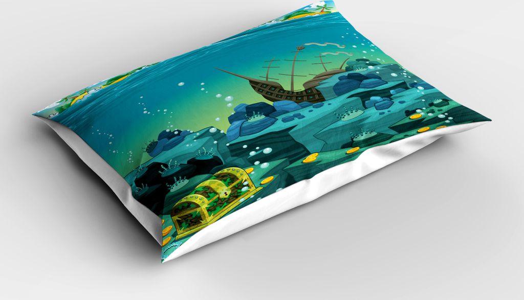 ABAKUHAUS Karikatur Kopfkissenbezug, Insel Unterwasser mit Schatz Gesunken Galleon Pirate Grafik, 40x80 cm, Teal und Gelb