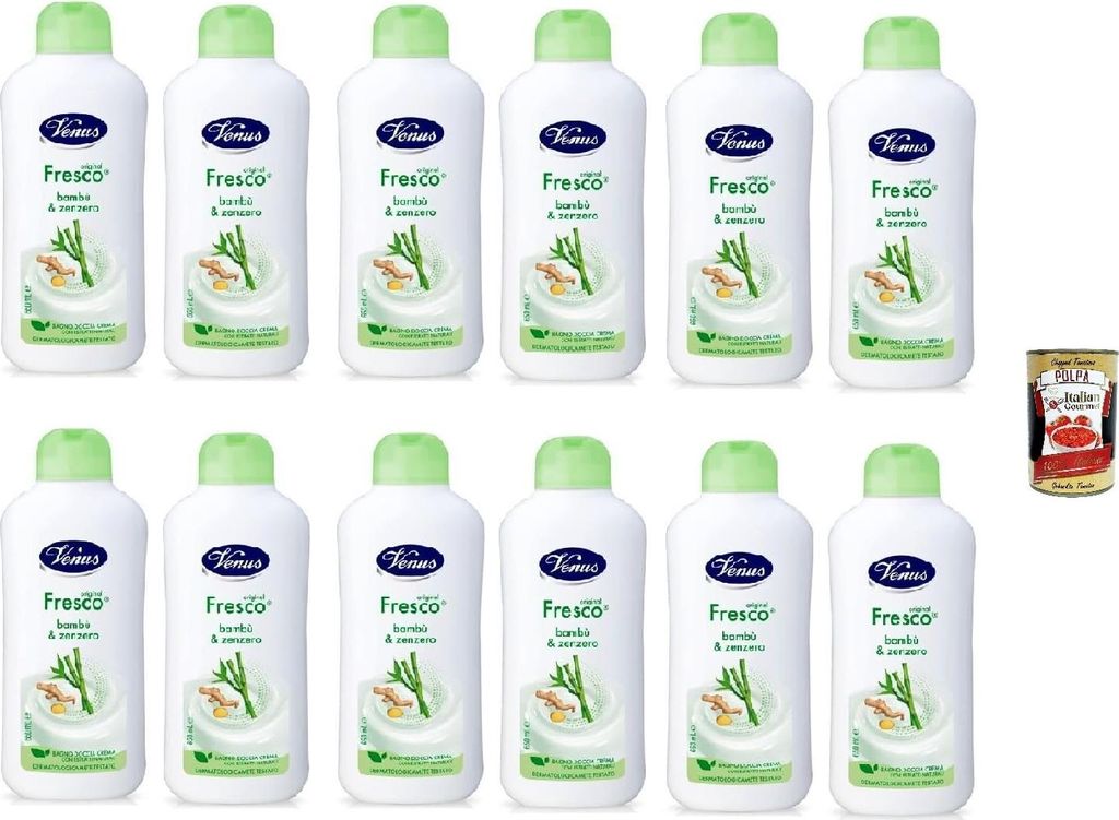 12x Venus Bagnodoccia Duschgel Frisch mit Bambus und Ingwer - Weiche, Glatte und Samtige Haut - Körperreiniger 650ml + Italian Gourmet polpa 400gr