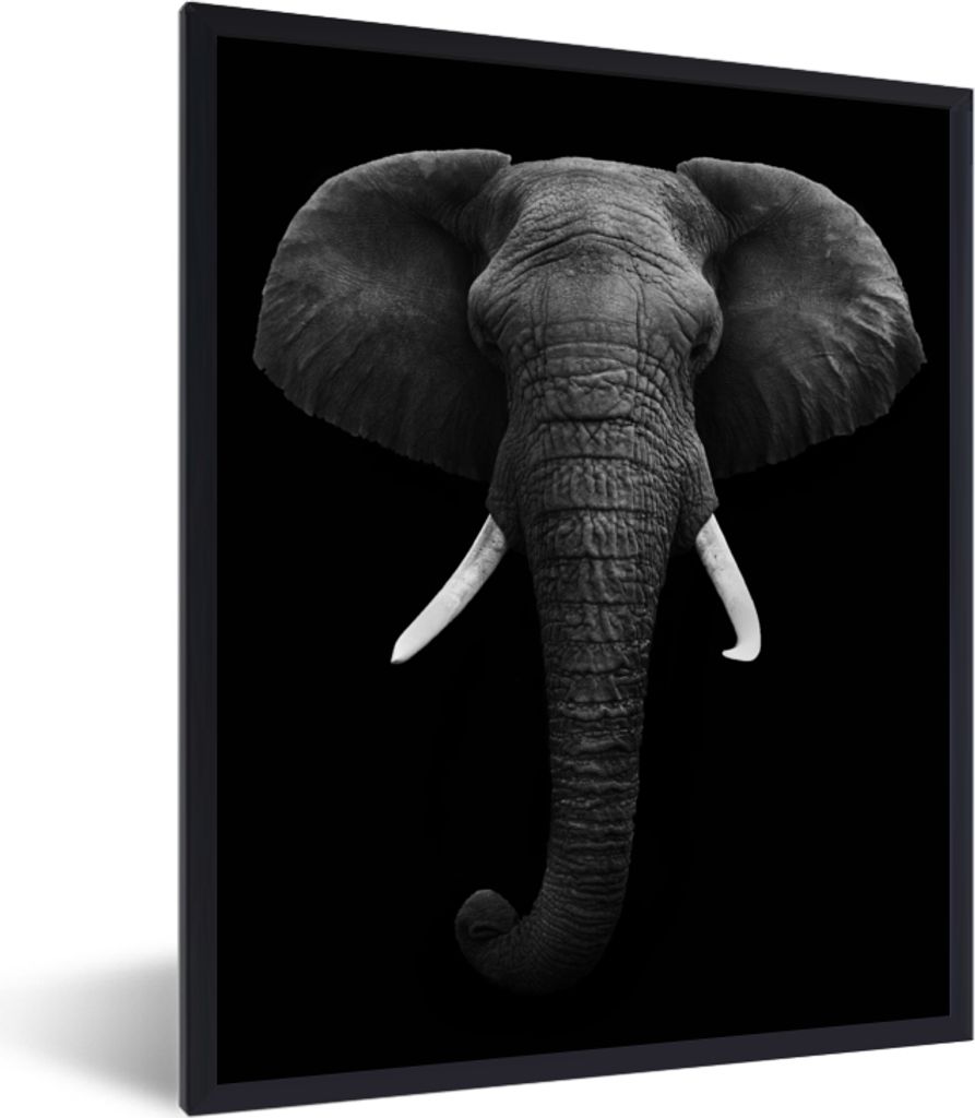 MuchoWow Gerahmtes Poster Elefant - Wildtiere - Schwarz - Weiß - Porträt 60x80 cm - Poster mit Schwarzem Bilderrahmen Wandposter Rahmen Foto Bi...