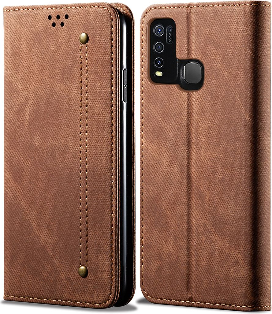 VIVO Y50 Hülle, LaimTop Denim Leder Brieftasche Magnetverschluss Flip Bookstyle Schutzhülle mit Standfunktion für VIVO Y50 VIVO Y50 Braun