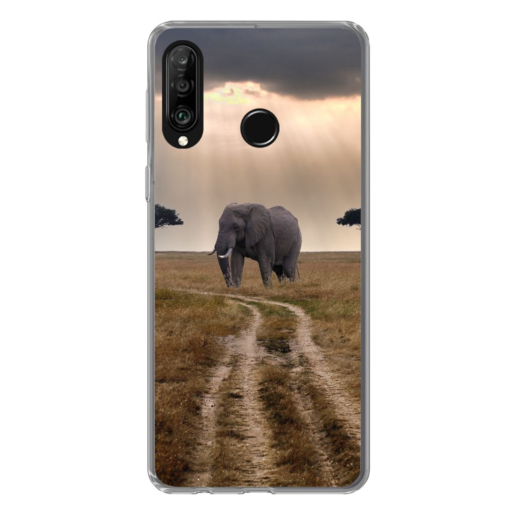 MuchoWow Handyhülle Schutzhülle Hülle für Huawei P30 Lite Elefant - Tiere - Wiese - Sonne Silikon Softcase Handy Hülle - Handyhülle