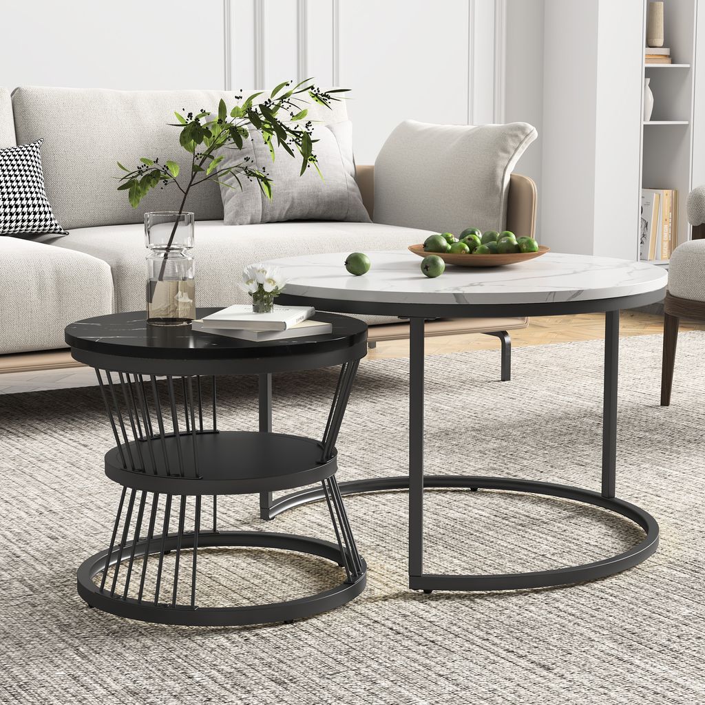 ProximaX Couchtisch 2er Set Beistelltisch Satztisch Wohnzimmertisch Sofatisch rund Ø70 x 45.5+45 x40cm Schwarz+Weiß