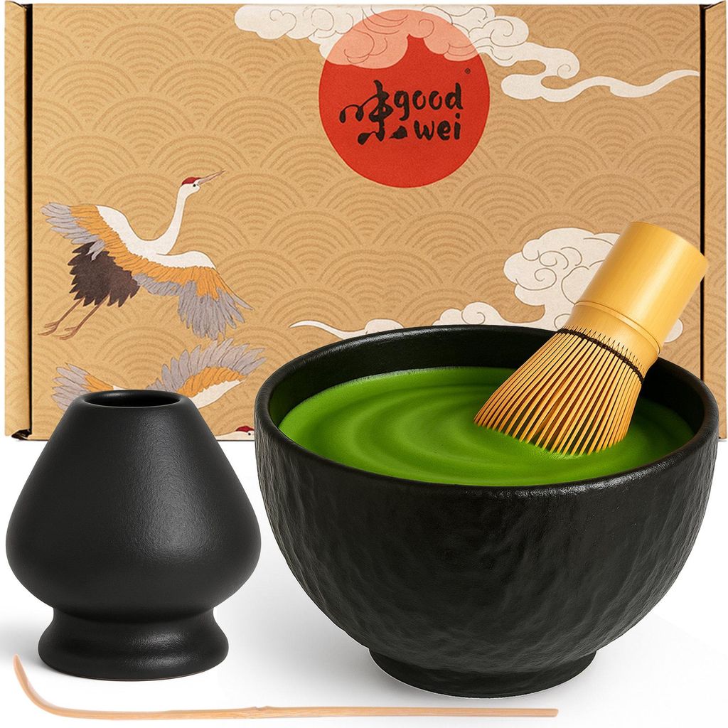 Matcha Set "Rokku Kuro" mit Schale, Besen & Besenhalter – edles Set für Matcha-Zeremonie und stilvollen Teegenuss