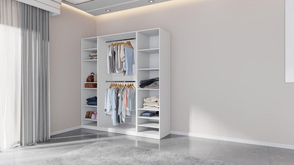 Kleiderschrank 200 cm TRES G ohne Türen – offenes Schranksystem mit Regalen & Kleiderstange WEIß