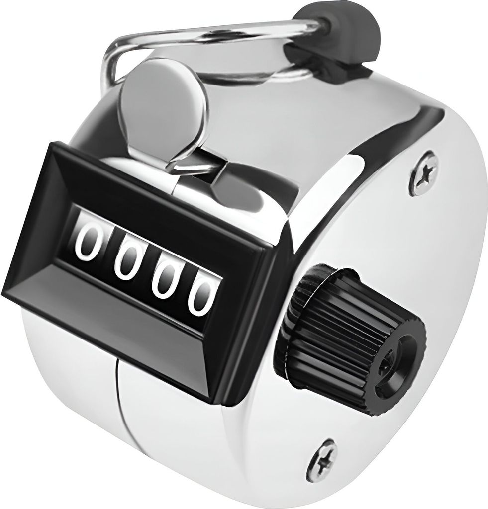 A close-up studio shot of a handheld clicker counter.