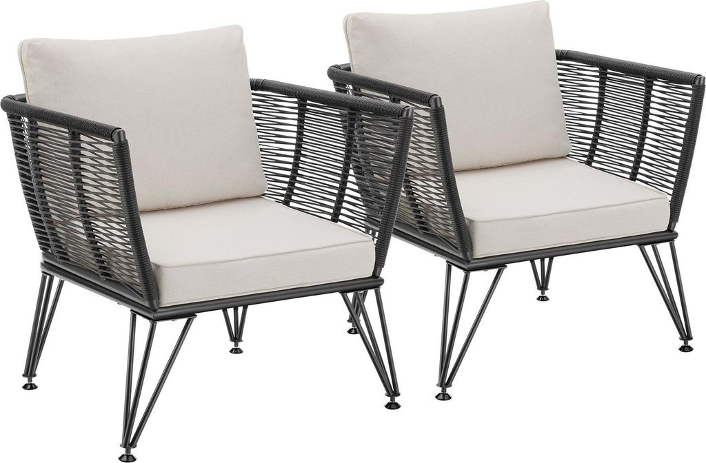 Two outdoor lounge chairs with beige cushions and dark gray rope weaving on a white background.