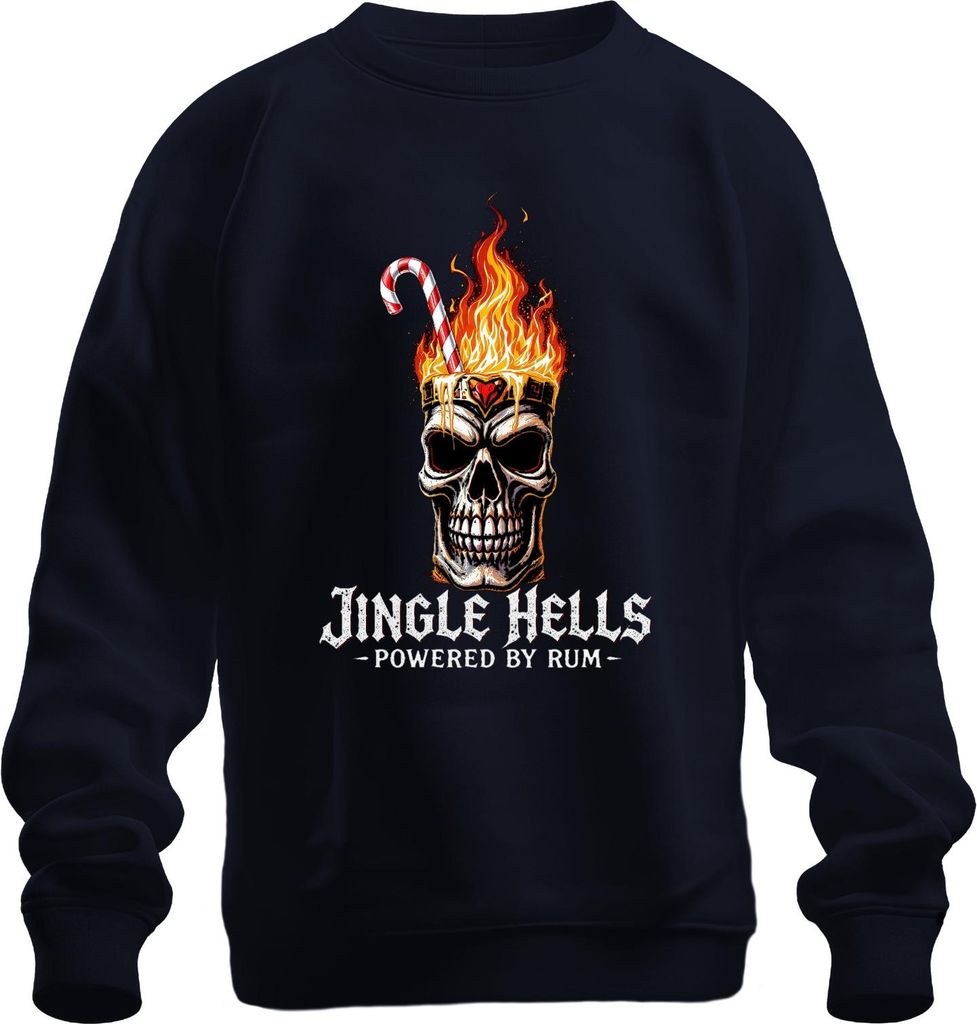 Jingle Hells Powered by Rum Totenkopf Weihnachten Flammen lustig Uni Sweatshirt Pullover, Navy, S