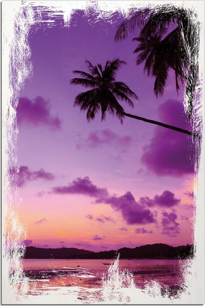 Kunstdrucke Wandbilder Holz in : Brillante Farben, Größe 60 x 90 cm Motiv Sonnenuntergang unter Palmen Himmel in lila und orange