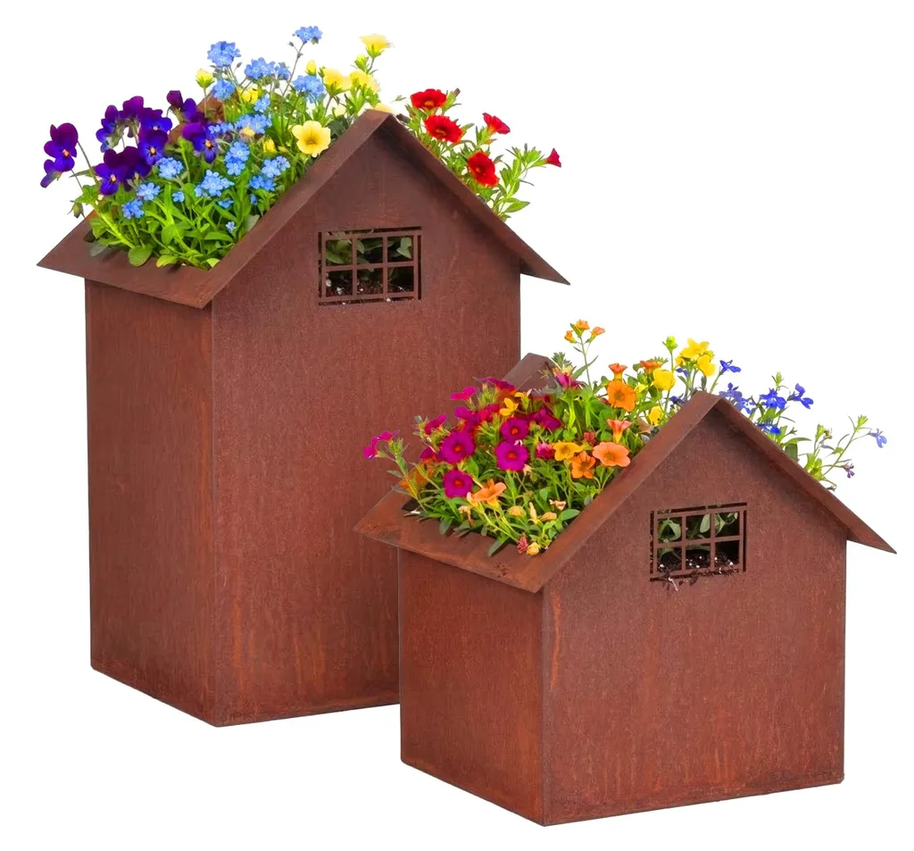 Figurine de jardin Maison en aspect rouille pour décoration extérieure