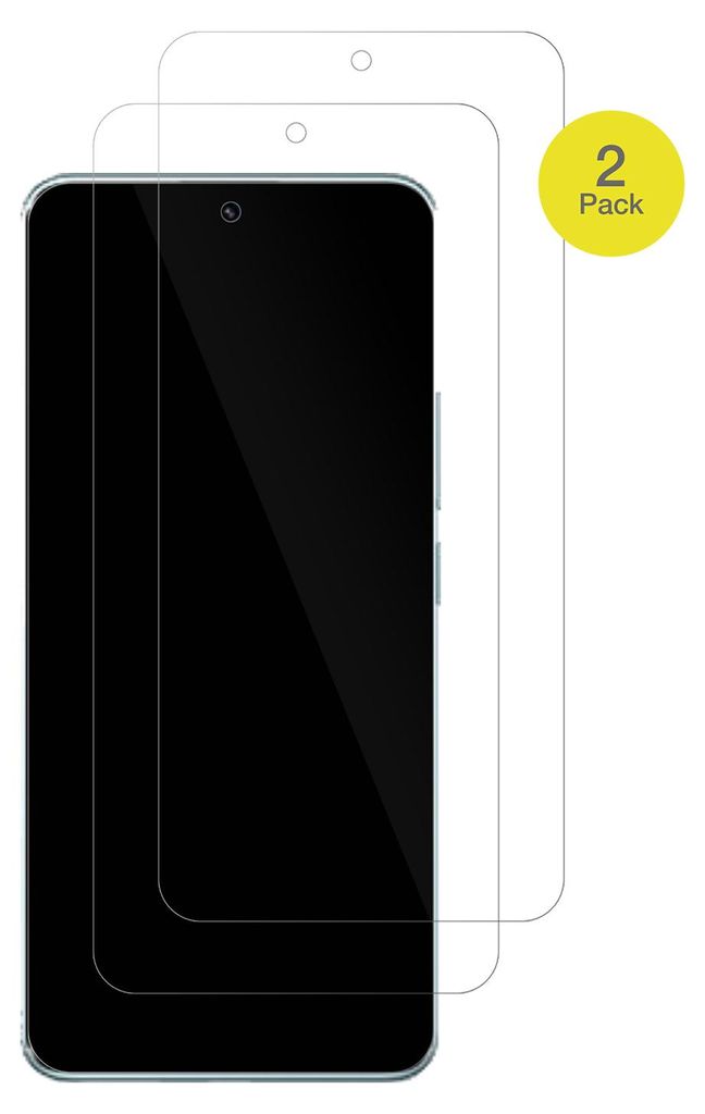 Two screen protectors are shown on a white background, with one placed on top of a smartphone.