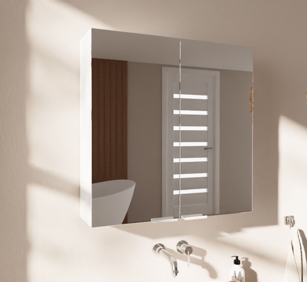 Badezimmerschrank mit Spiegel, Spiegelschrank mit 2 Türen, Hängeschrank für Bad, Badezimmerspiegel Wandschrank, Badschrank aus Spanplatte, Weiß