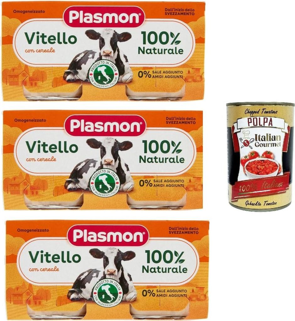Plasmon Carne Vitello e cereale 3x (2x80g) Mit italienischem Fleisch, ohne Stärken und Räume hinzugefügt + Italian Gourmet polpa 400g