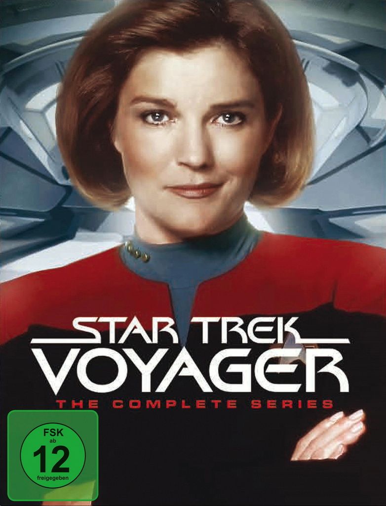 The cover art for the Star Trek: Voyager Complete Series box set, featuring a close-up of Captain Janeway.