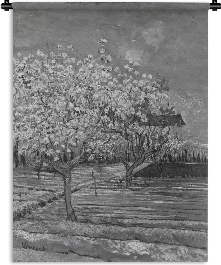 MuchoWow Wandteppich Wandbehang Mandelblüte - Vincent van Gogh - Schwarz - Weiß 90x120 cm Tapisserie Dekoration Wandtuch - Wanddeko