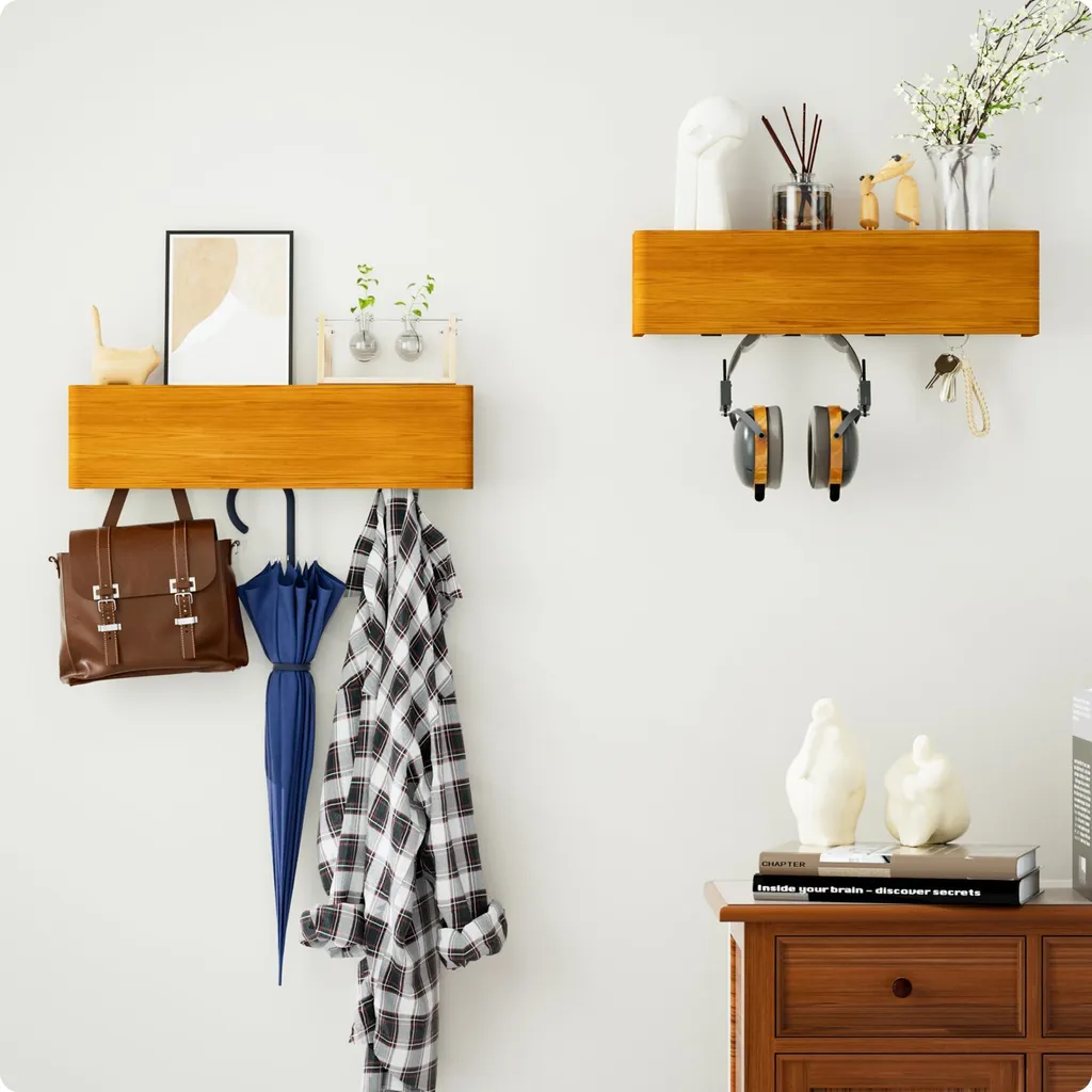 Portemanteau mural avec étagère en chêne massif - lot de 2 avec crochets