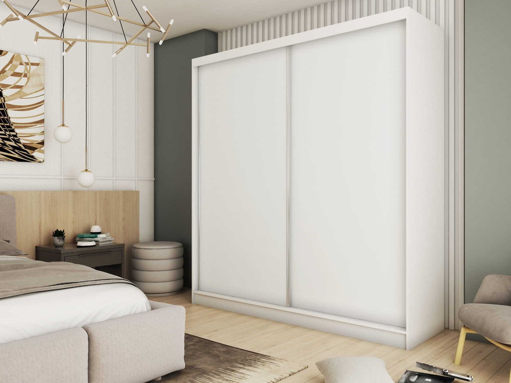 AGMAT Schwebetürenschrank Inari, Kleiderschrank mit 2 Türen, Moderne Garderobe in Farbe: Weiß, Schrank in Größe: 200 x 216 x 61 cm