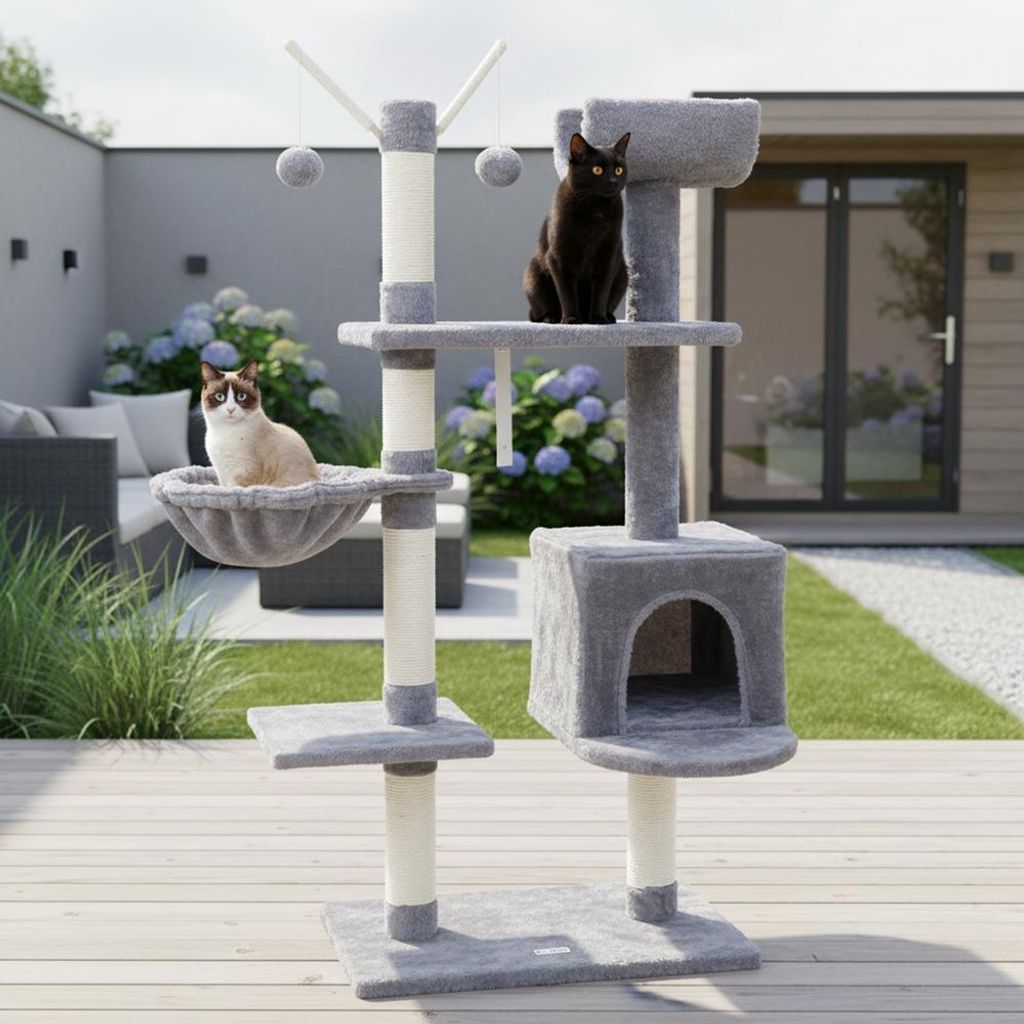 Melko Kratzbaum Grau 131cm Katzenhaus Kletterbaum Spielbaum Natur Sisalsäule