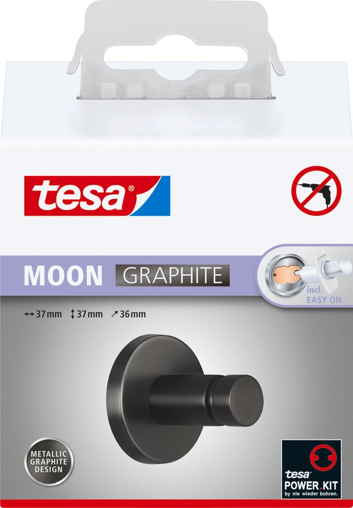 tesa MOON Handtuchhaken selbstklebender Wandhaken - 37 x 37 x 36 mm, Grafit