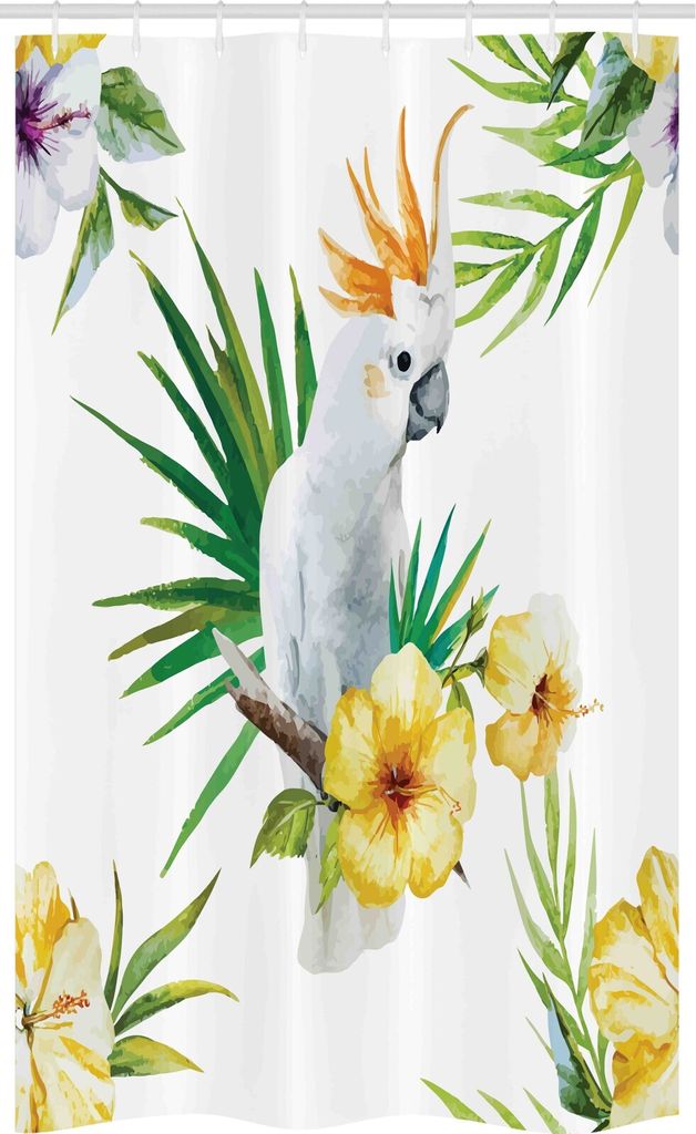 ABAKUHAUS Tier Schmaler Duschvorhang, Hibiscus mit Wild Birds, Badezimmer Deko Set aus Stoff mit Haken, 120 x 180 cm, Gelb Grün Weiß