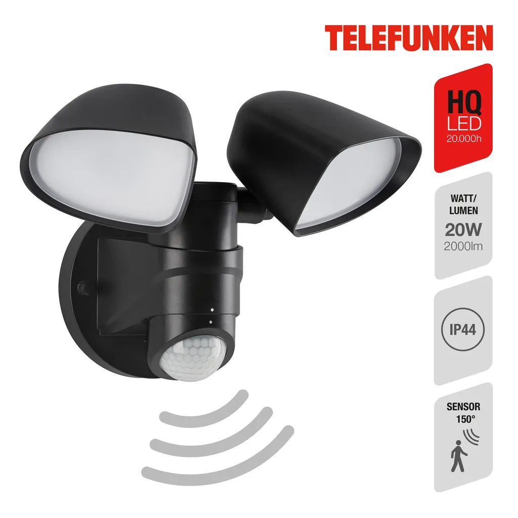 Éclairage de Sécurité Extérieur LED Telefunken 20W Noir avec Détection Auto