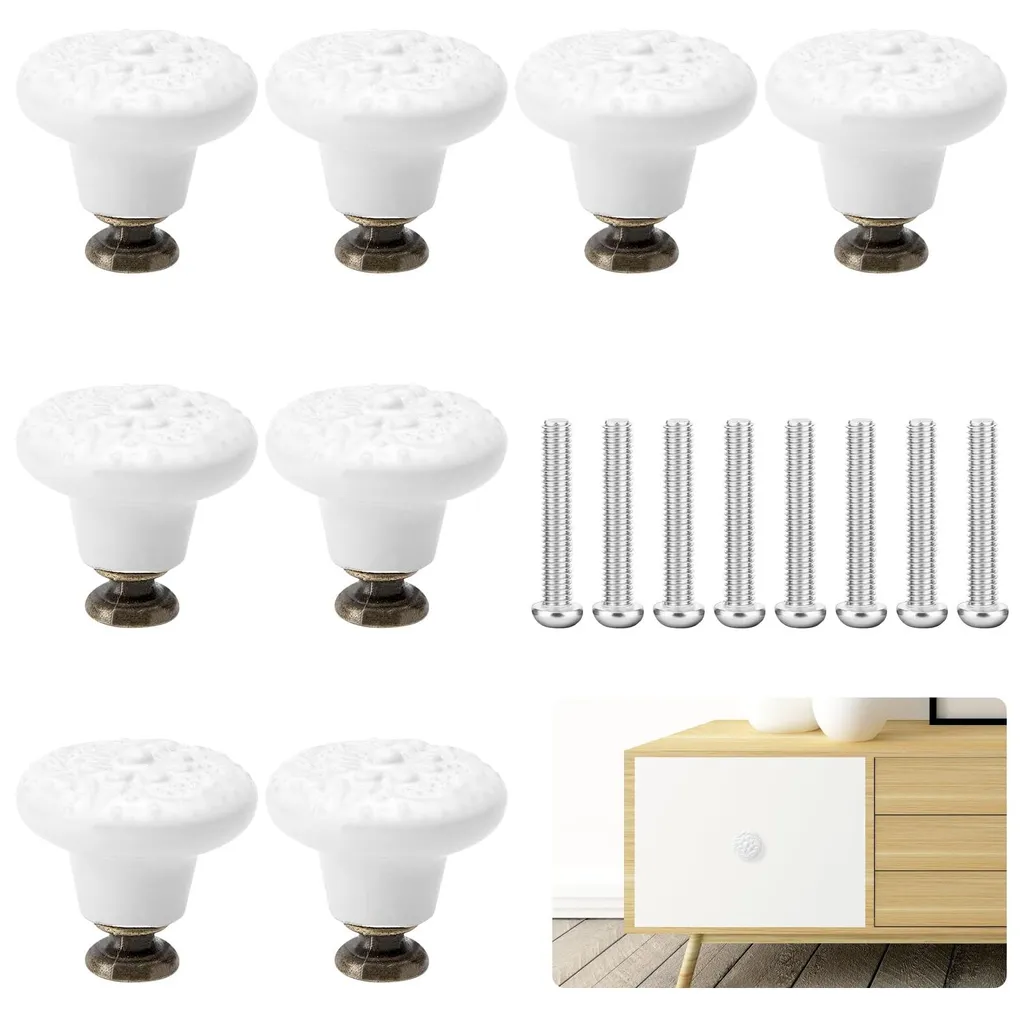 Boutons d'armoire en céramique blanche à motif floral pour meubles