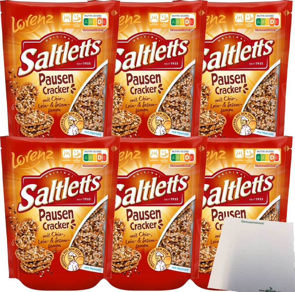 Lorenz Saltletts Pausen Cracker mit Chia-Lein und Sesam-Samen 6er Pack (6x100g Packung) + usy Block