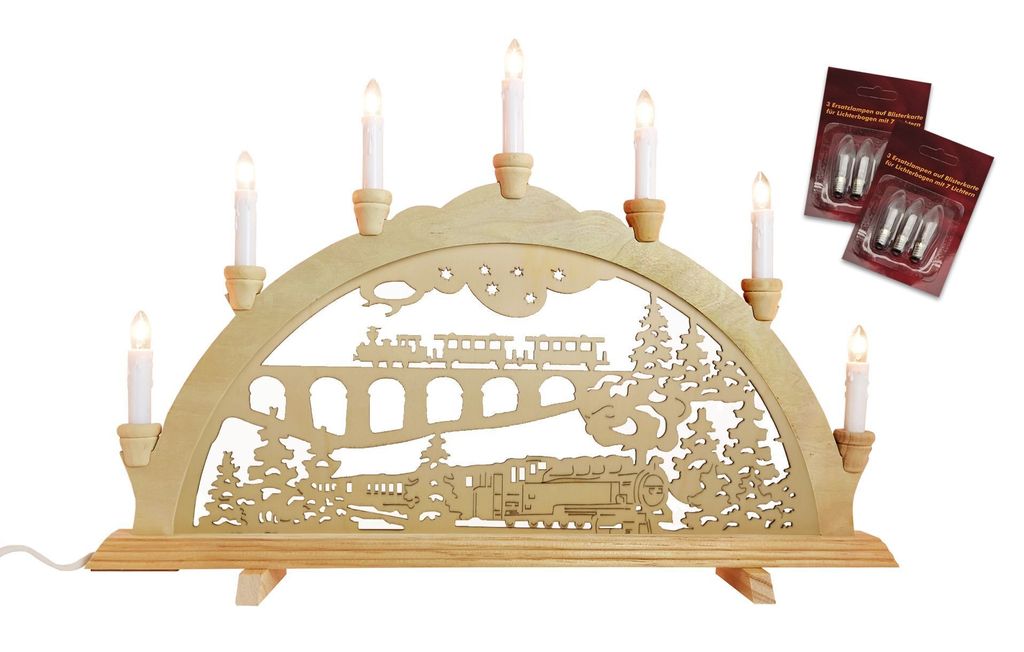 Holz Schwibbogen Lichterbogen 230V inkl. 6 Ersatzglühbirnen - Eisenbahn
