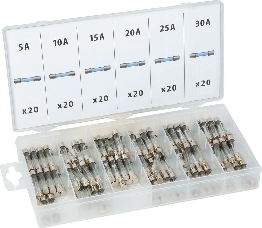 Glassicherungssatz 120 Stück 5-30A - Sortimentsbox mit Auto- und Haushaltssicherungen - Glassicherungen 6 × 32 mm - Sicherungssatz für Auto, Aut...