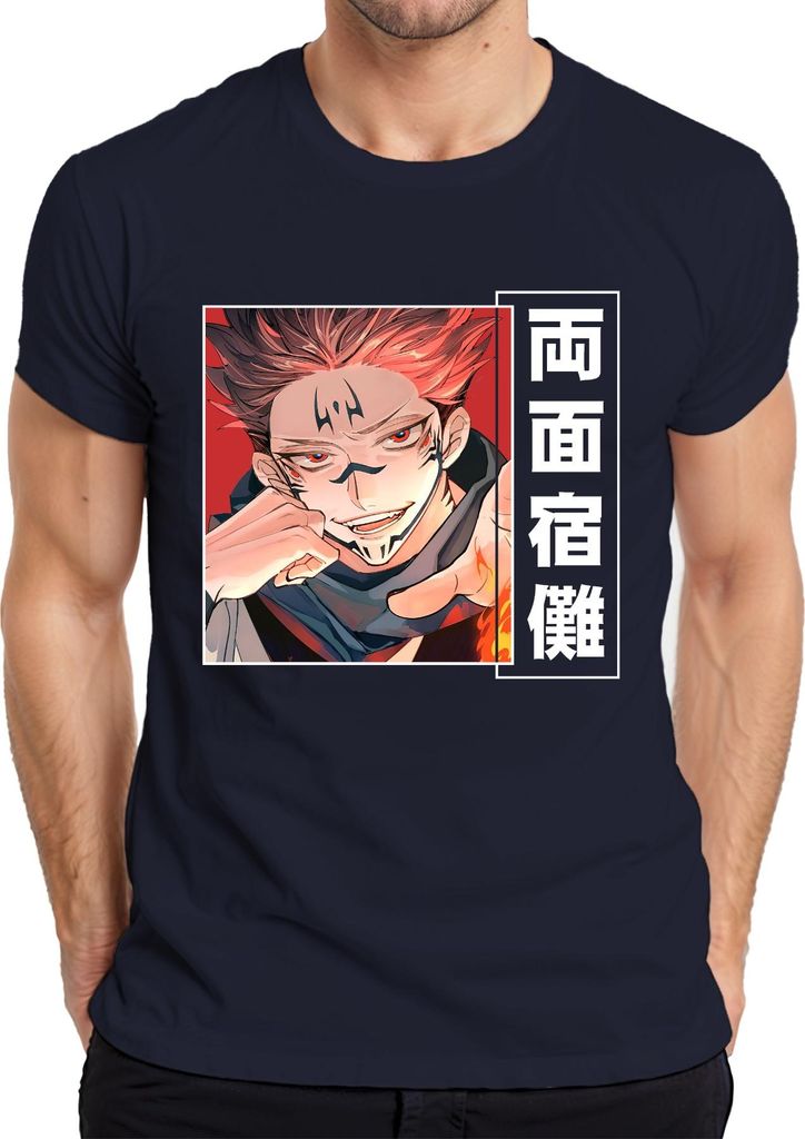 Jujutsu Kaisen 両面宿儺 Dämon Anime Ästhetik Manga Flamme Geschenk Herren T-Shirt, Navy, XXL