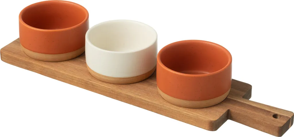 J-Line Coffret Tapas 3 Bols avec Plateau en Bois Orange et Blanc 25cm