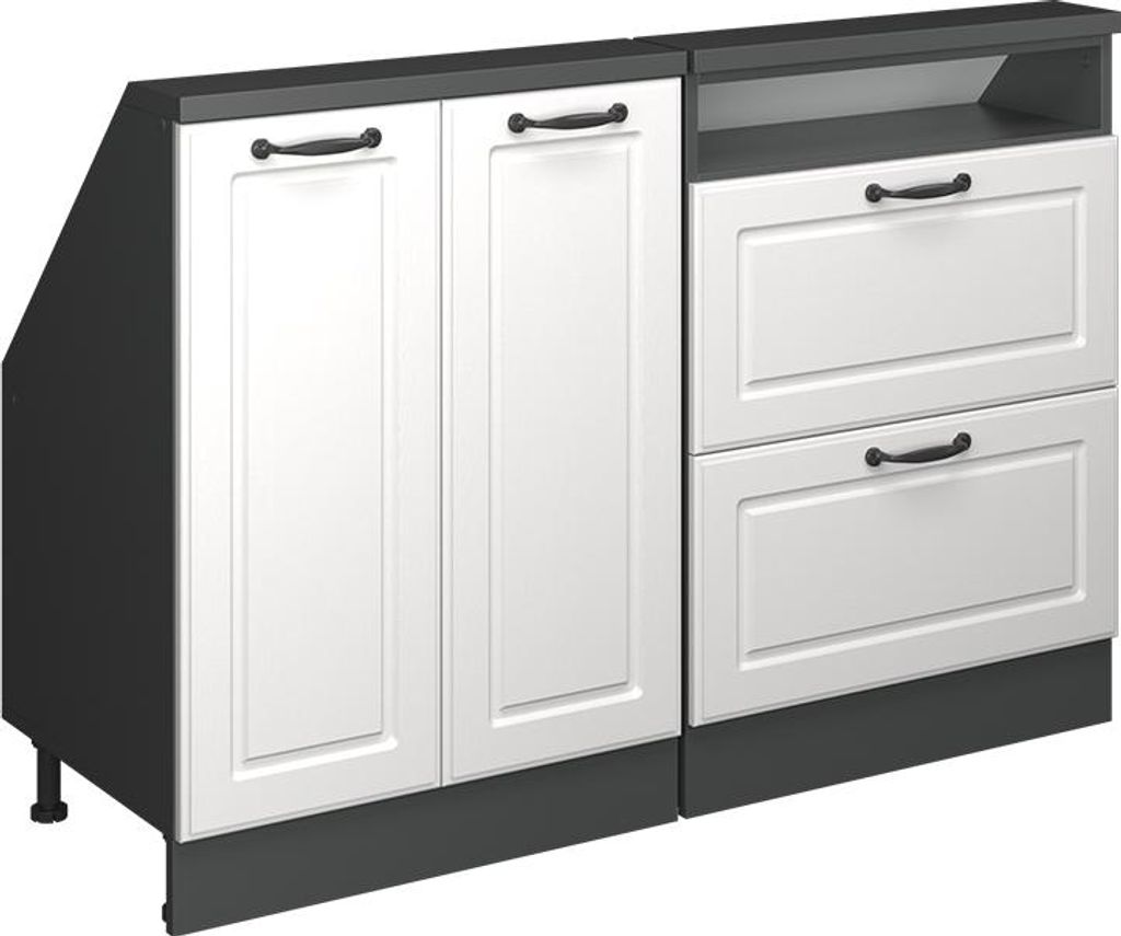 A set of kitchen cabinets with white doors and black countertops.