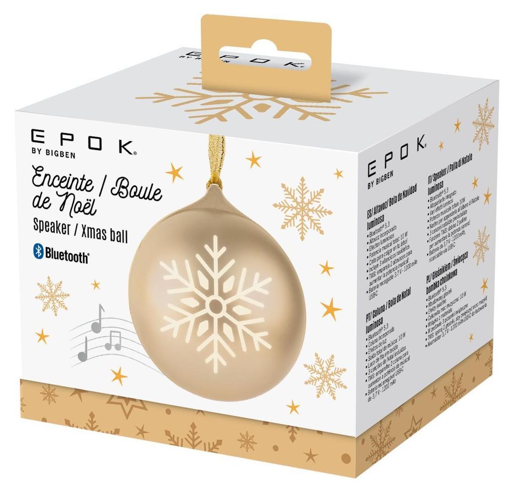 The image shows the packaging of a Christmas ornament speaker.