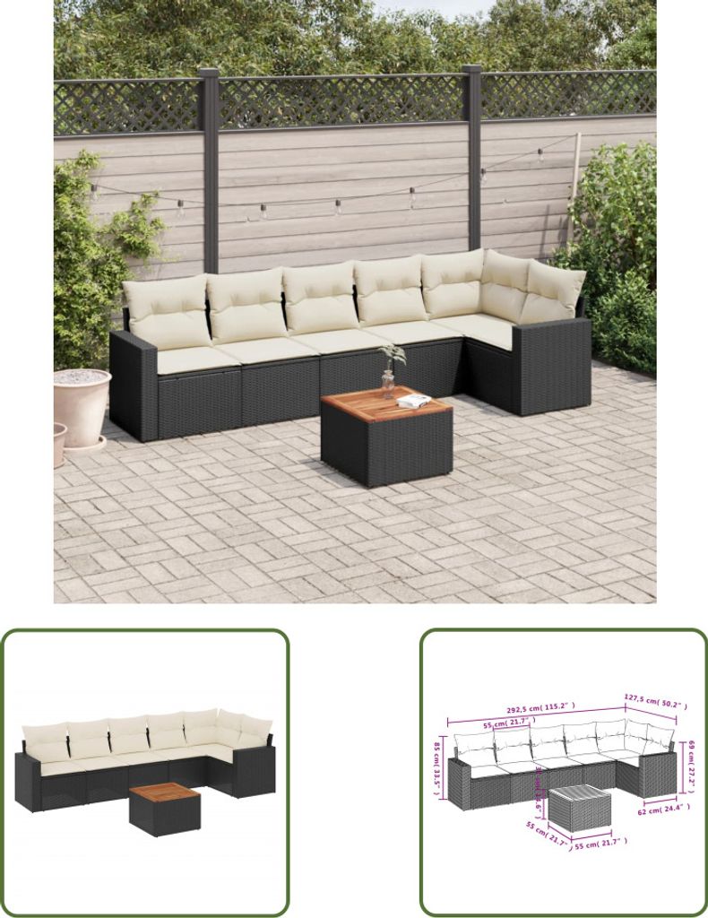 The Living Store 7-tlg. Garten-Sofagarnitur mit Kissen Schwarz Poly Rattan