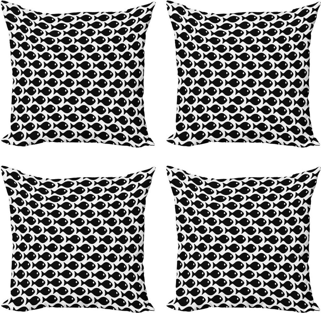 ABAKUHAUS Marine Kissenbezug Set (4 Stück), Schwarz-Weiß-Fisch-Muster, Moderner Doppelseitiger Digitaldruck, 40 cm x 40 cm, Weiß und Schwarz