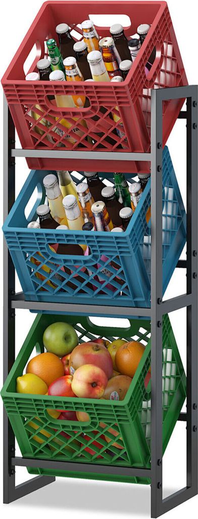 A three-tiered storage rack with colorful crates filled with beverages and fruits.