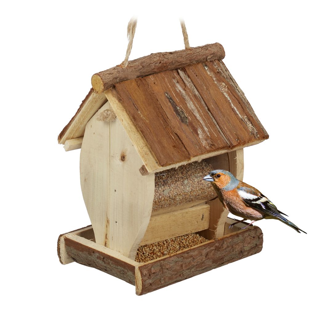 Relaxdays Vogelfutterhaus Aus Holz (27x23x13 Cm) – Zum Aufhängen Oder Stellen, Mit Rindendach Für Wildvögel