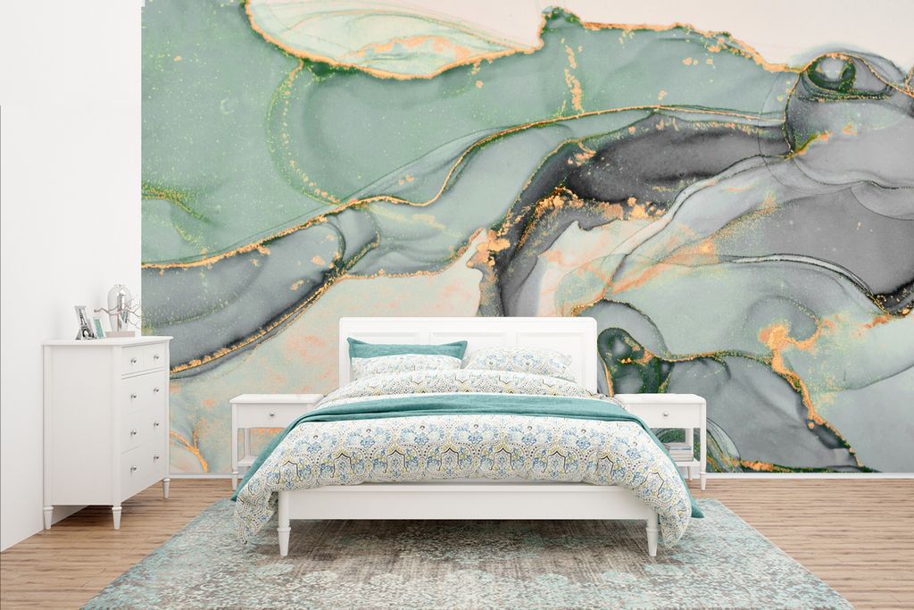 MuchoWow Fototapete für Wohnzimmer oder Schlafzimmer Wandtapete Vinyl Motivtapete Gold - Marmor - Grün - Luxus - Glitzer - Marmoroptik - 435x26...