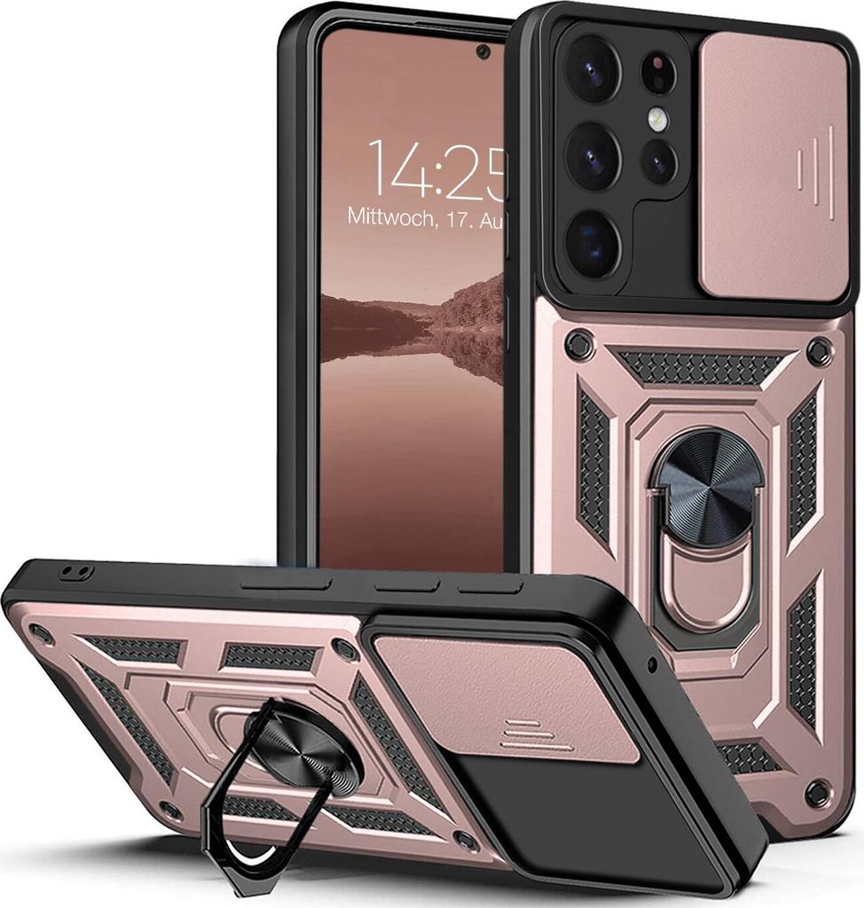 A rose gold and black phone case with a camera cover and ring stand, shown from multiple angles.