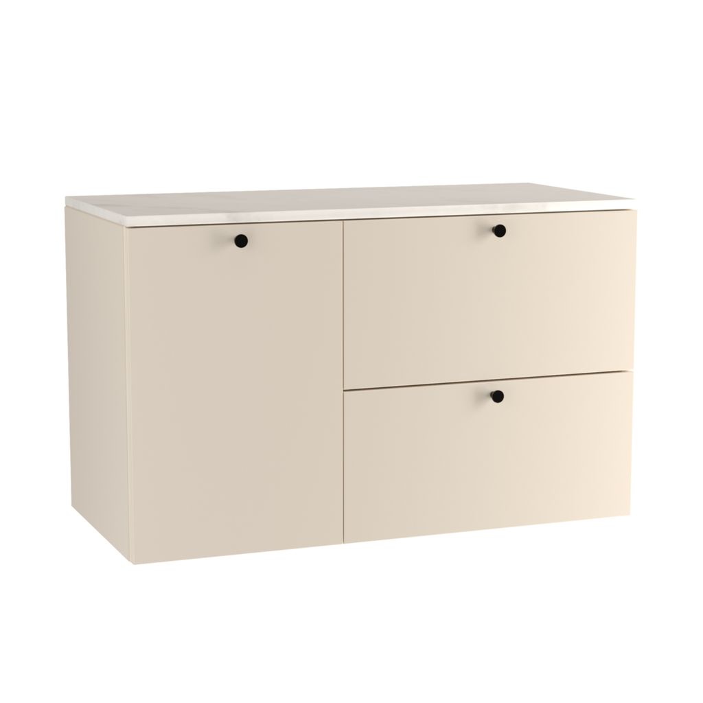 WENA Waschtischunterschrank 100 cm mit Wäschekorb, glatte Fronten, Griffe aus Metall in der Farbe Schwarz (Farbe: Kaschmir/Marmur Bianco)