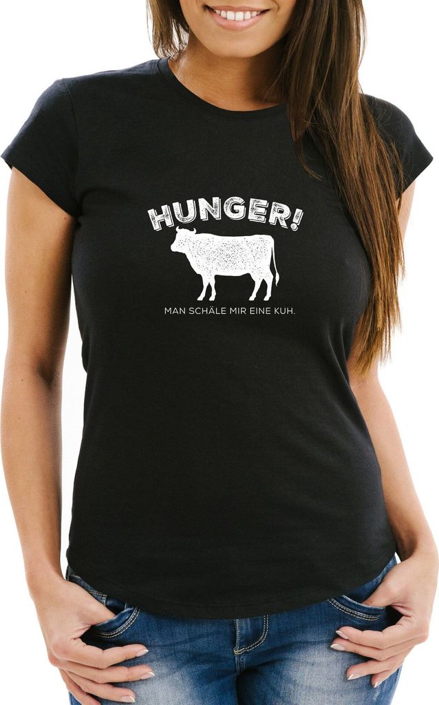 Damen T-Shirt Hunger! Man schäle mir eine Kuh lustiges Spruch Fun-Shirt Moonworks schwarz S