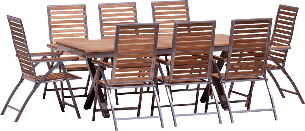 ALEOS. Gartengarnitur Edelstahl A-Grade Teak Holz Set bestehend aus Ausziehtisch 200-260 x 100 cm mit 8 Hochlehner Serie Nassau für 8 Personen Gas...