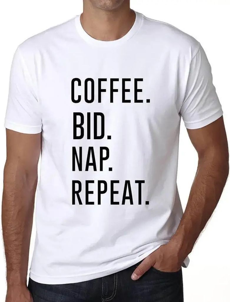 Herren Grafik T-Shirt Kaffeegebot Nickerchenwiederholung – Coffee Bid Nap Repeat – Öko-Verantwortlich Vintage Jahrgang Kurzarm Lustige Druck