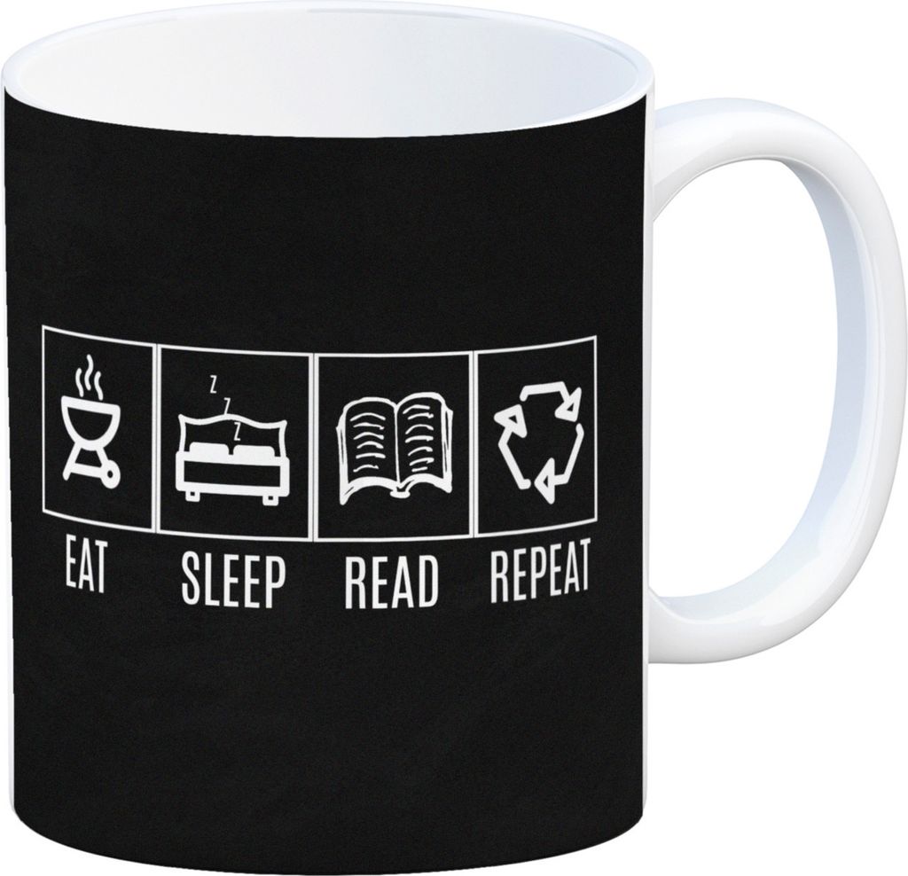 EAT, SLEEP, READ, REPEAT Kaffeebecher mit grauem Hintergrund