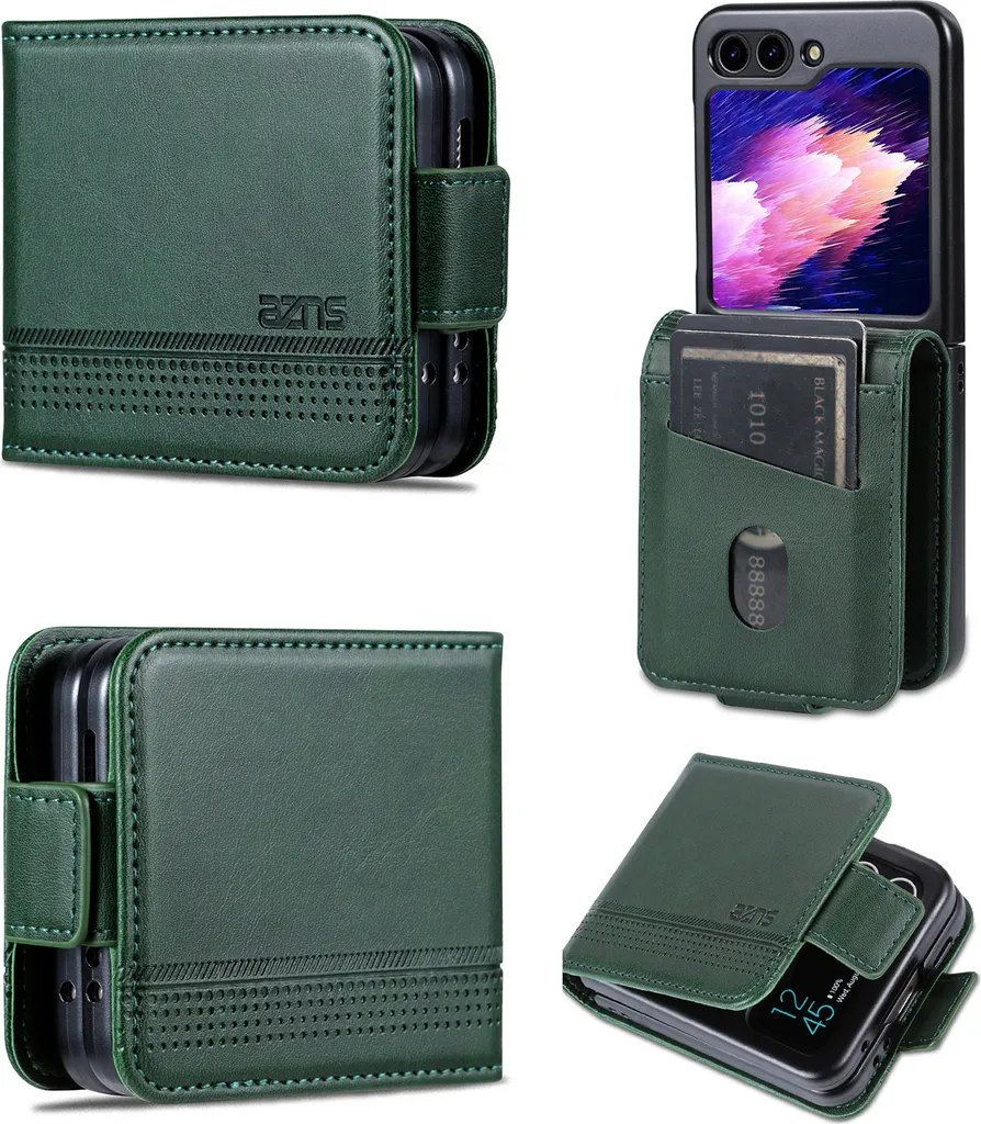 Custodia in pelle per Samsung Galaxy Z Flip6 / Z Flip7 FE, custodia pieghevole a portafoglio con chiusura magnetica e supporto verde